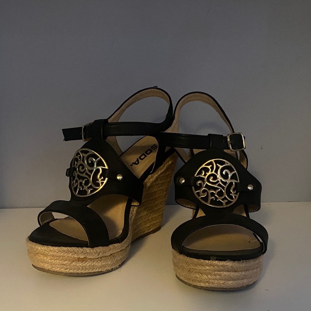 Soda Black and Tan Wedge Sandals
